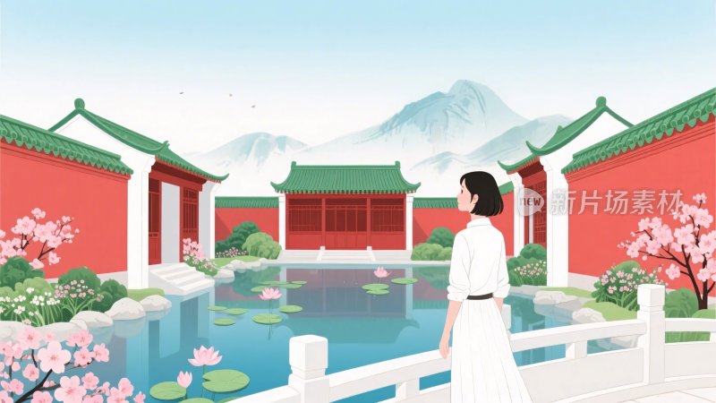 古风庭院风景插画