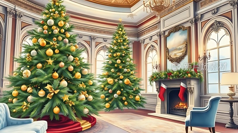 圣诞树下的豪华客厅