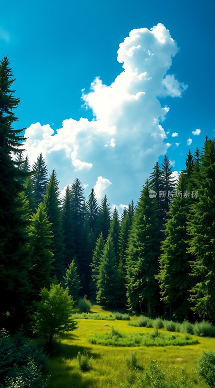 蓝天白云下的绿色森林