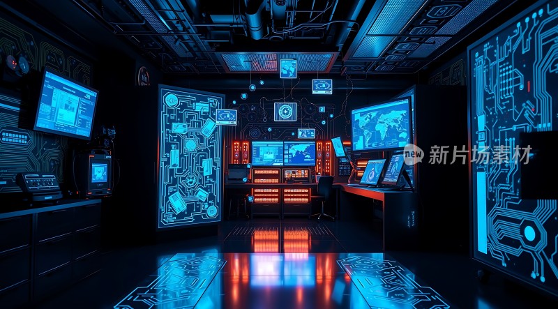 科技感十足的监控中心未来主义风格的数据分析室