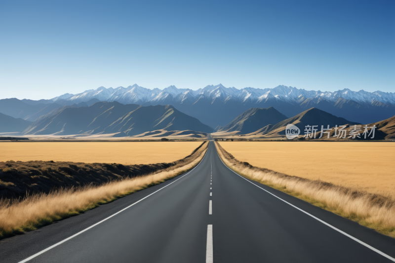 道路远处有山脉前景一片黄色的田野高清图片