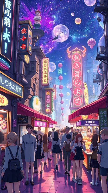 霓虹灯下的繁华夜市