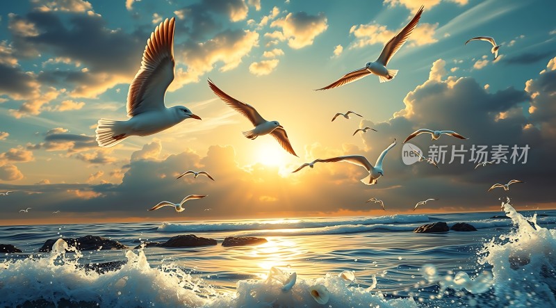 海鸥翱翔日落时分的海洋