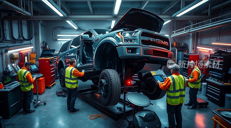 汽车维修车间工人正在检查和修理一辆黑色皮卡车
