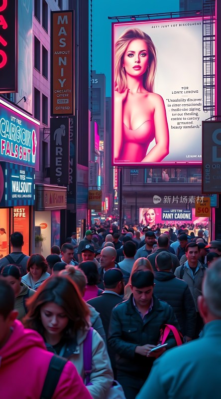 繁华都市街头霓虹闪烁人群熙攘广告牌林立