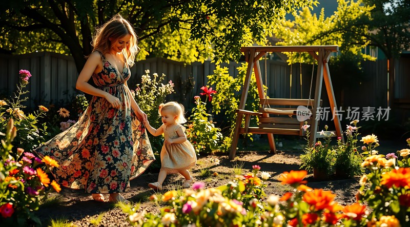 母女共度美好时光花园里荡秋千