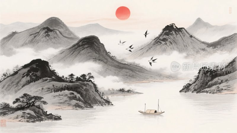 中式山水日出图景