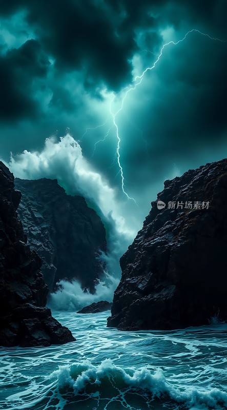 暴风雨中的海浪与闪电