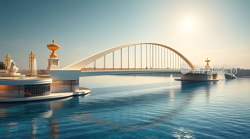 阳光下的弧形桥与喷泉