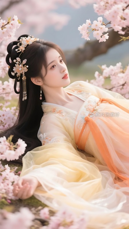 汉服佳人花下静卧