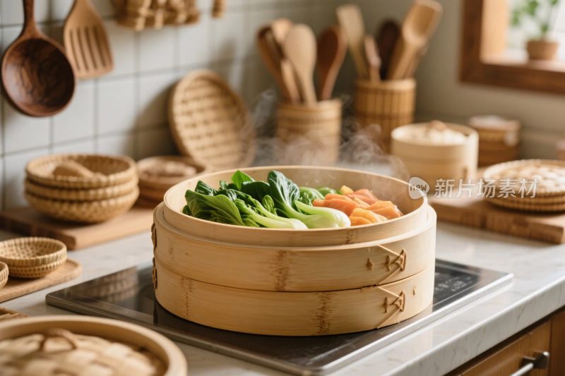 厨房蒸笼烹饪场景