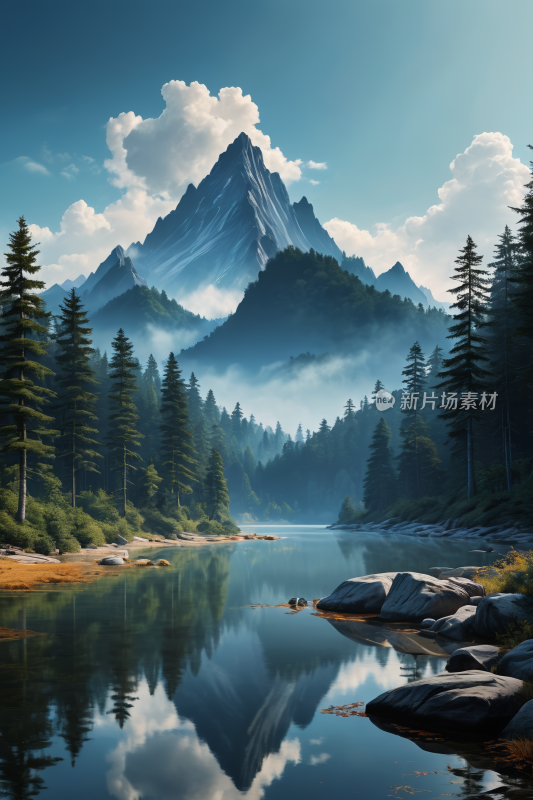 一座山前景是湖泊和树木高清风景插图片