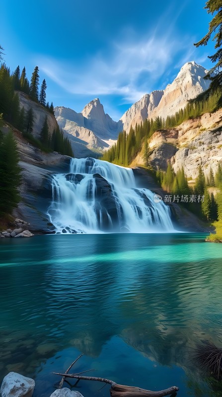 碧波荡漾瀑布飞流直下群山环绕