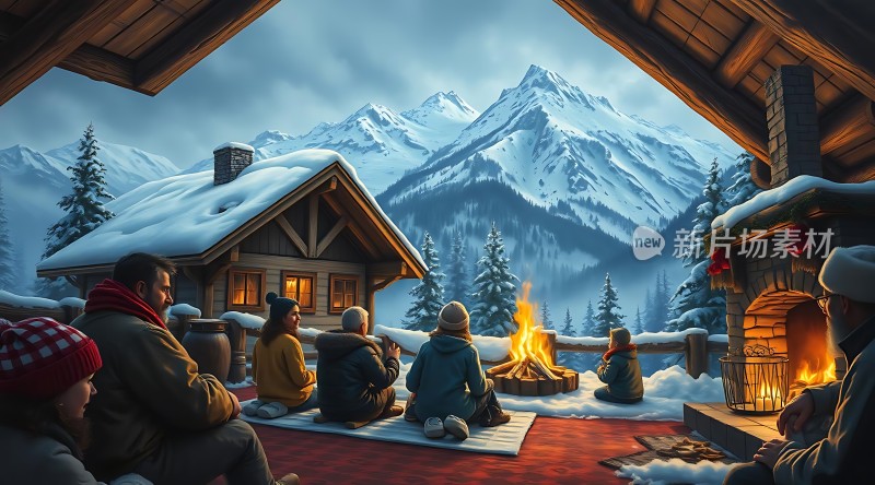 冬日暖炉旁的温馨家庭聚会