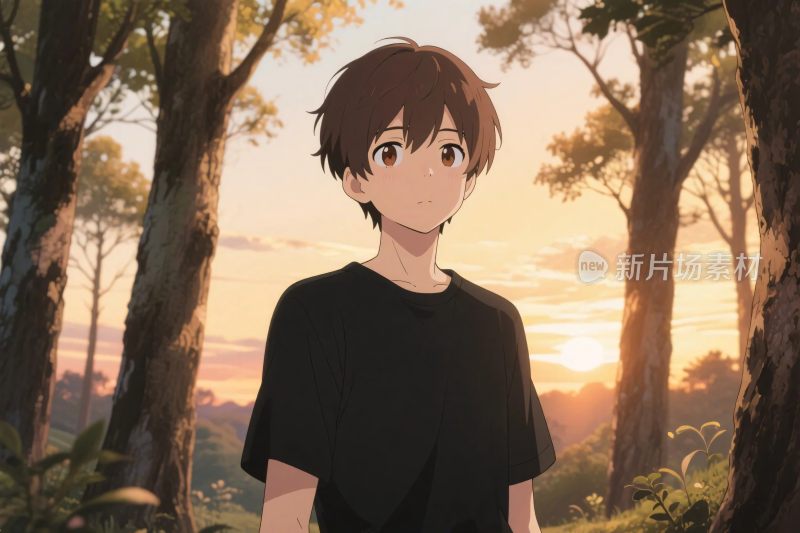 森林中少年插画