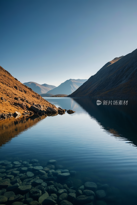 有湖泊里面有岩石山脉高清风景图片