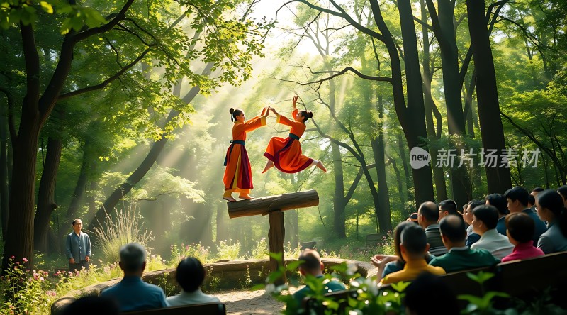 森林中两位舞者精彩表演观众围观