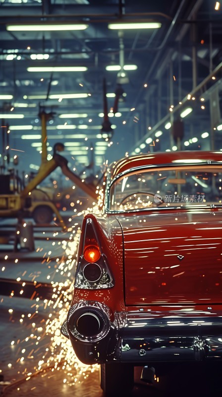车间里的红色汽车与火花四溅