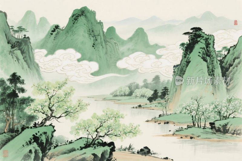山水国画风景插画