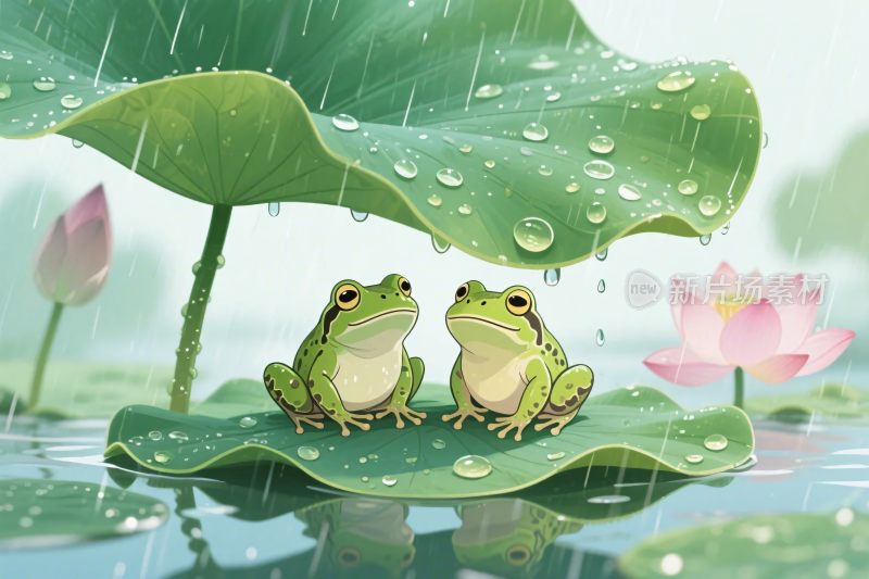 雨天青蛙荷叶插画
