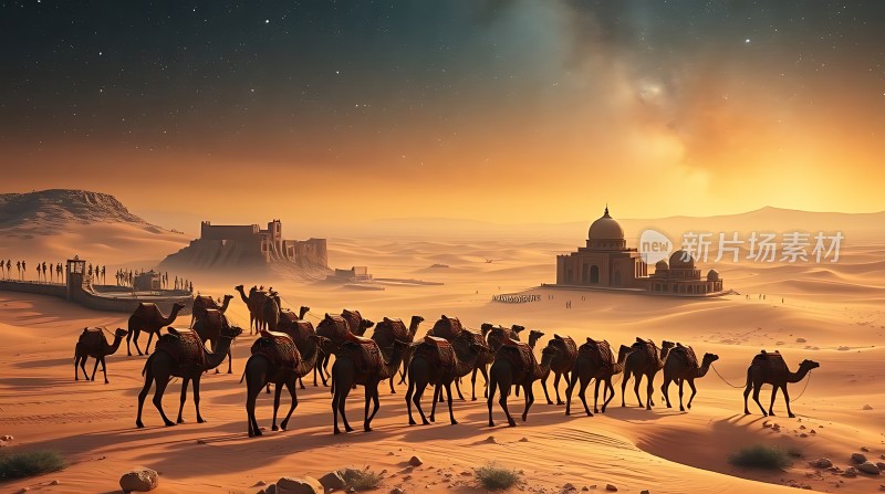 沙漠驼队日落行