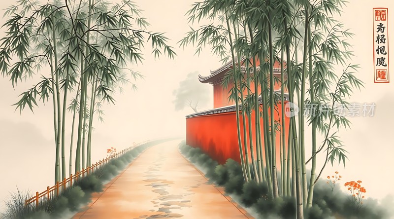 竹影小径映红墙