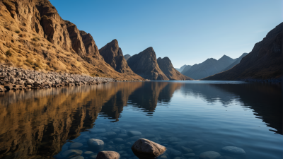 山倒映在有岩石的湖水中风景图片