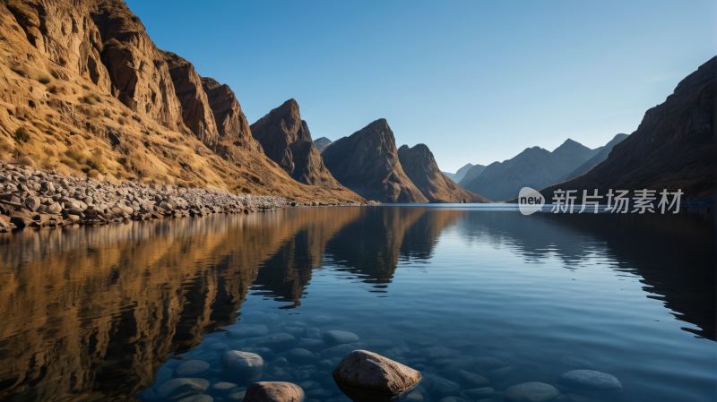 山倒映在有岩石的湖水中风景图片