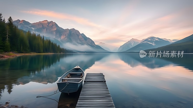 湖畔晨光静谧山景