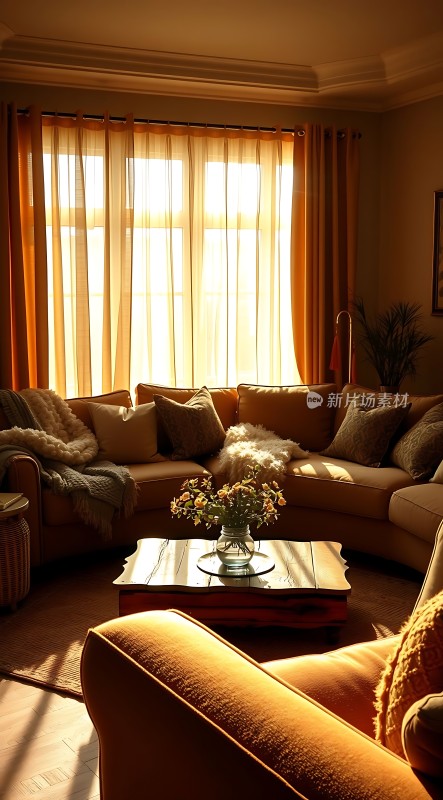 阳光洒满温馨客厅舒适沙发与花瓶点缀