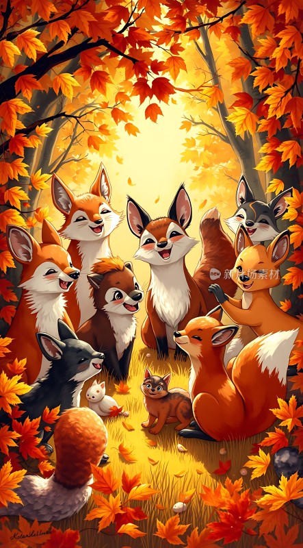 秋林欢聚狐狸家族的温馨时光