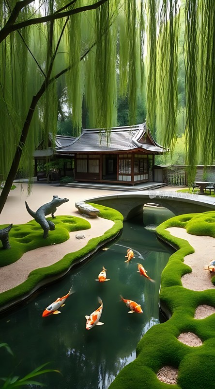 翠波金鲤映古亭