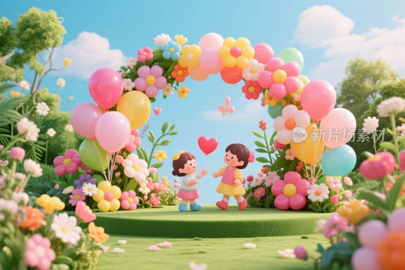 童趣气球拱门插画