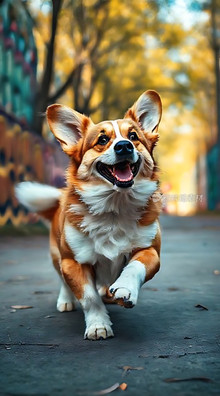 秋日小跑的柯基犬