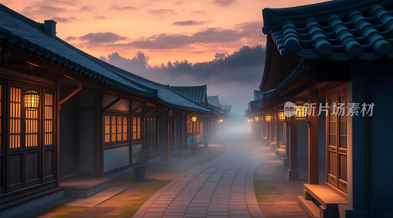 古街夜色灯火阑珊映雾霭