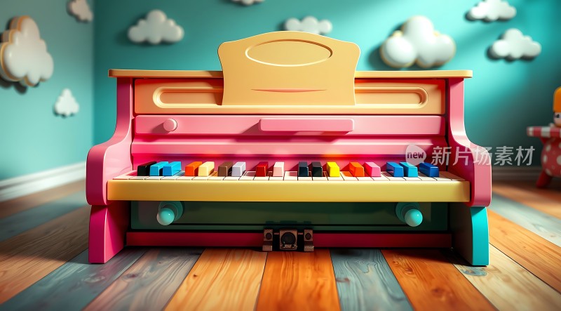 彩色钢琴与梦幻云朵背景的结合