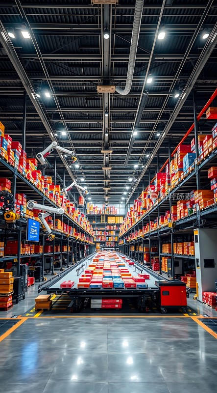 智能仓库机器人搬运货物整齐堆放的箱子