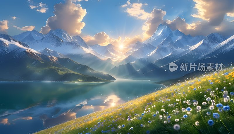 雪山下的宁静湖泊 雪山 湖泊 草地 鲜花