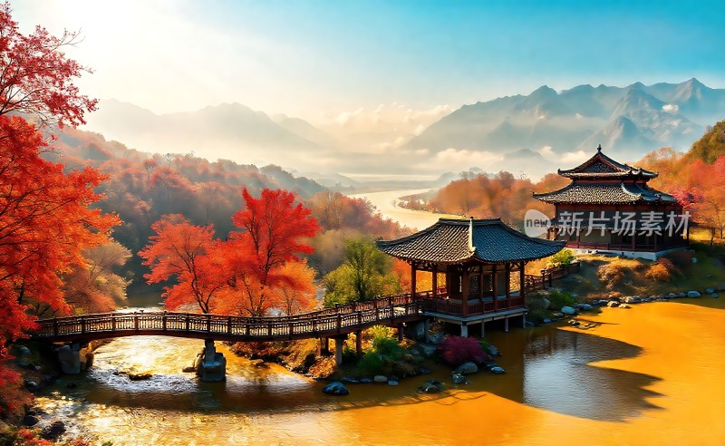 秋日美景古桥亭台映红叶