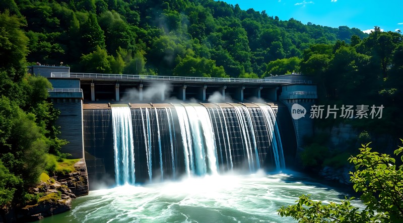 瀑布飞流直下绿树成荫蓝天映衬下的壮丽景象