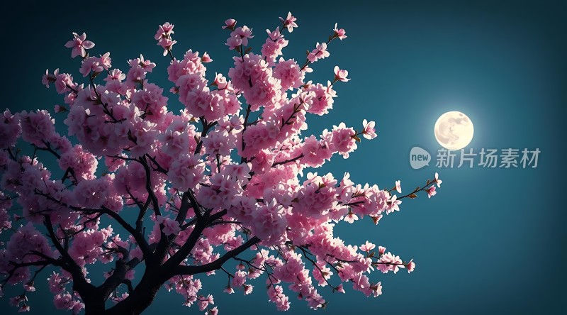春夜月下樱花绽放