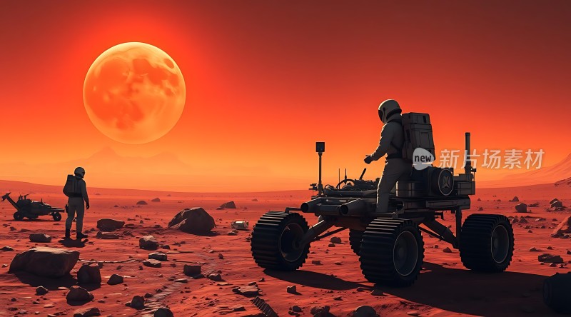 火星探索宇航员与探测车