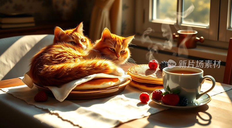 阳光下的两只橘猫与早餐美食