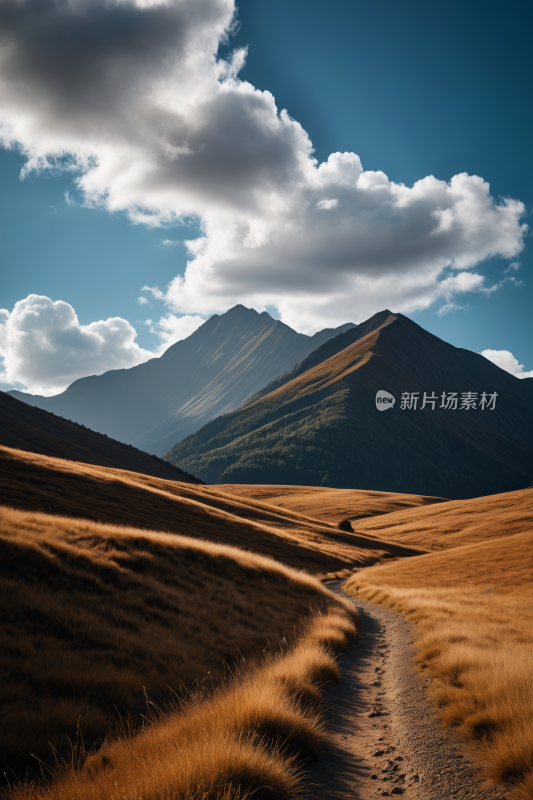 一条土路穿过一片草地山脉高清风景图片