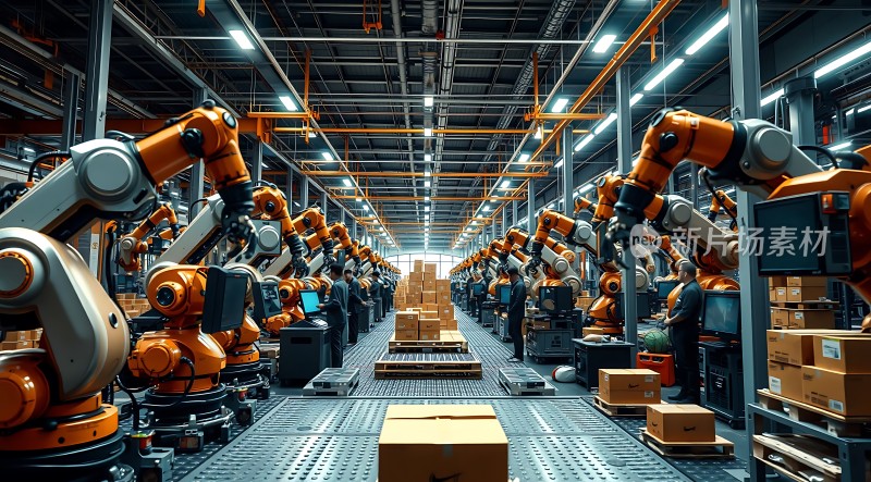 智能工厂橙色机器人与高效生产线