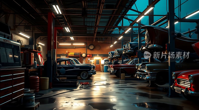 复古车库里的经典汽车