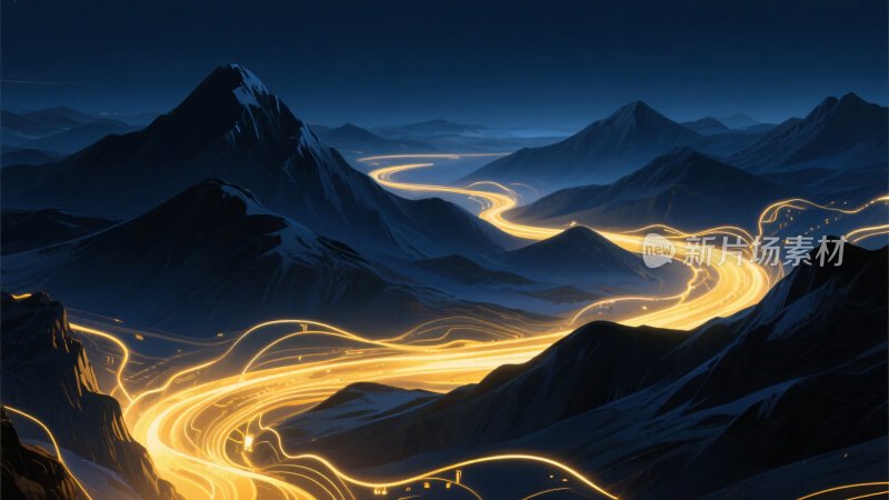 山间流光溢彩的蜿蜒公路夜景