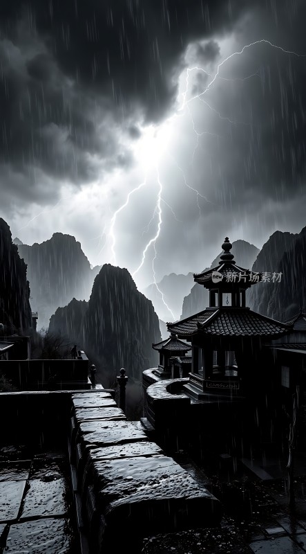 雷雨中的古建筑