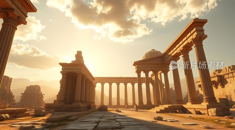 古罗马遗迹下的辉煌日落