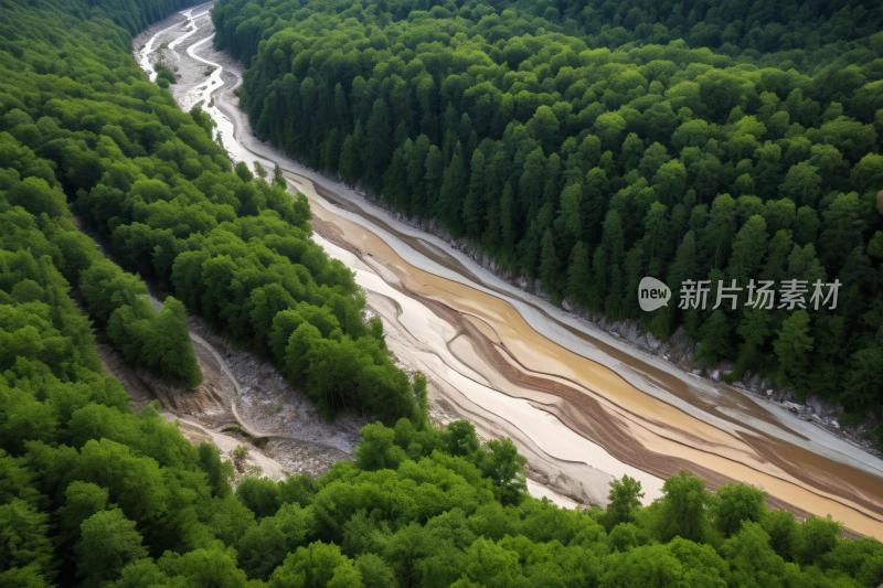 一条河流穿过树木繁茂的森林的草图风景图片